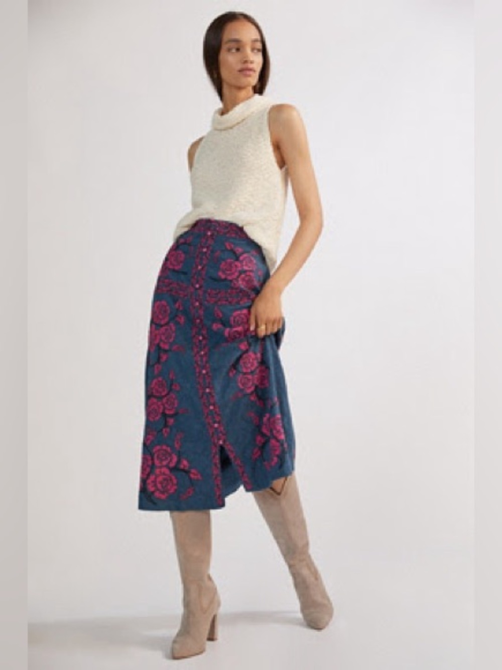 Anthropologie Embroidered Midi Skirt - Blue & Pink - Size 0 - Picture 3 of 13